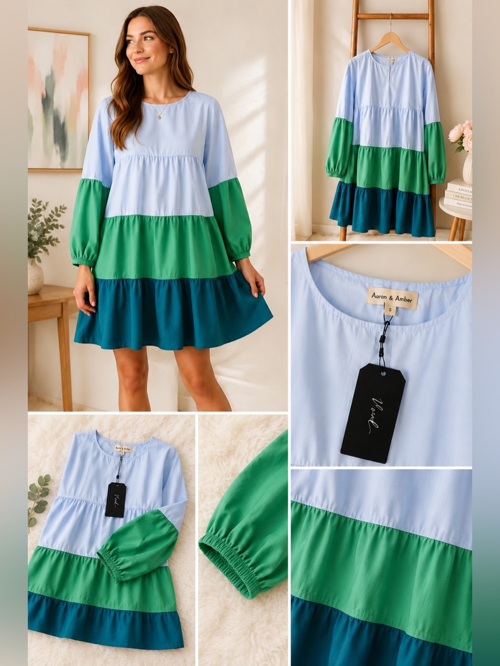 Aaron & Amber Colorblock Tiered Long-Sleeve Dress in Light Blue, Green & Teal
